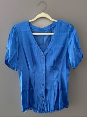 Raquel Allegra Bright Blue V-Neck Button Front Women's Top Size Small